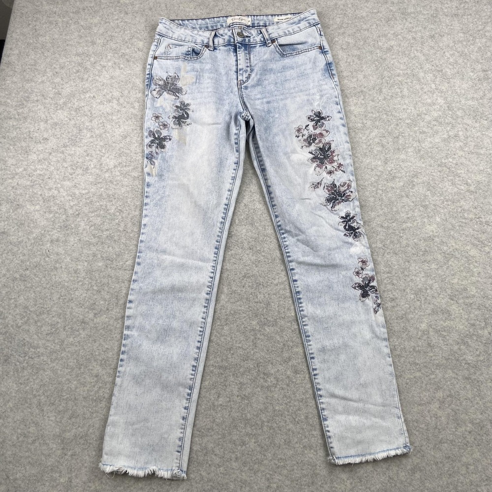 Jessica Simpson Forever Rolled Jeans Womens 29 (28x27) Blue Floral Embroidered